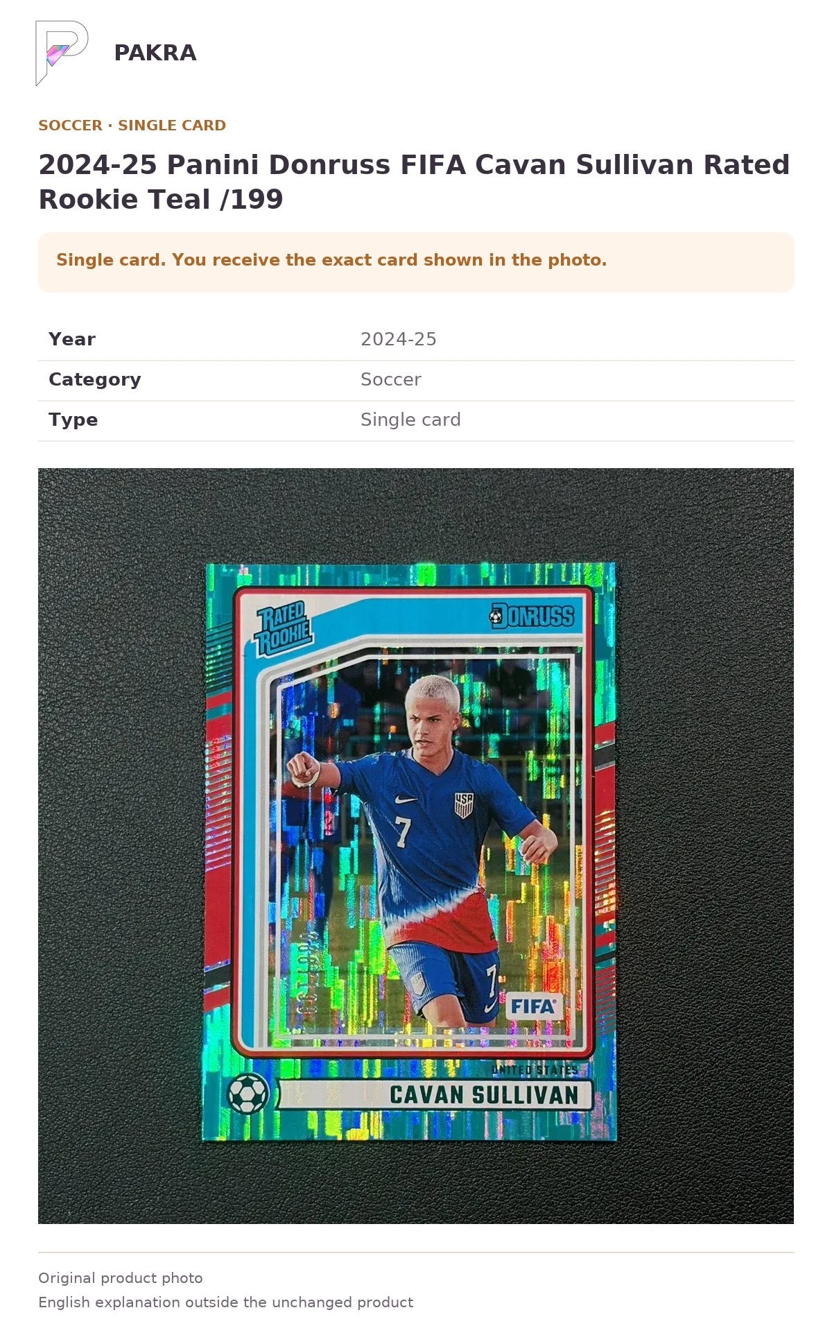Item details and original photo for 2024-25 Panini Donruss FIFA Cavan Sullivan Rated Rookie Teal /199.