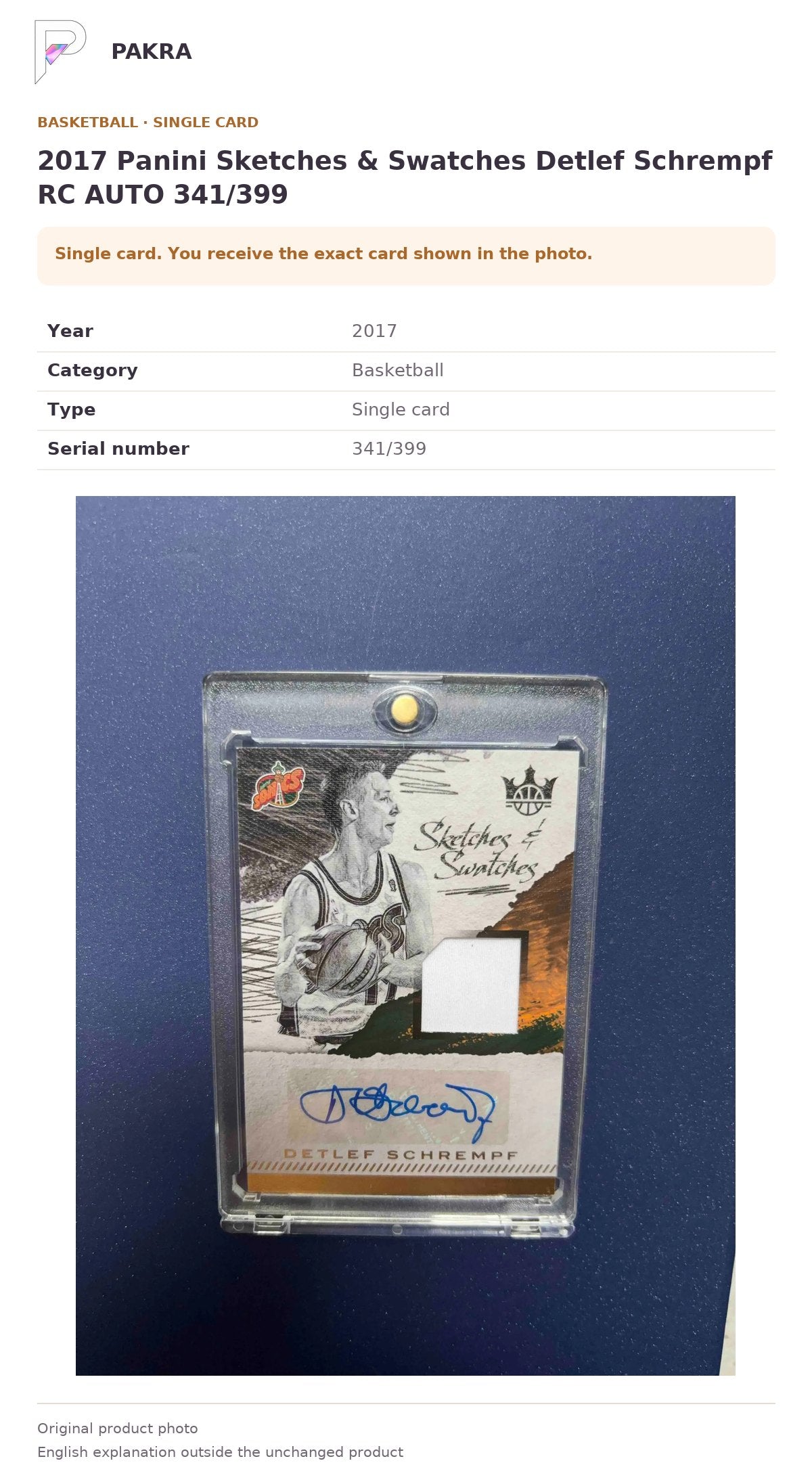 Item details and original photo for 2017 Panini Sketches & Swatches Detlef Schrempf RC AUTO 341/399.
