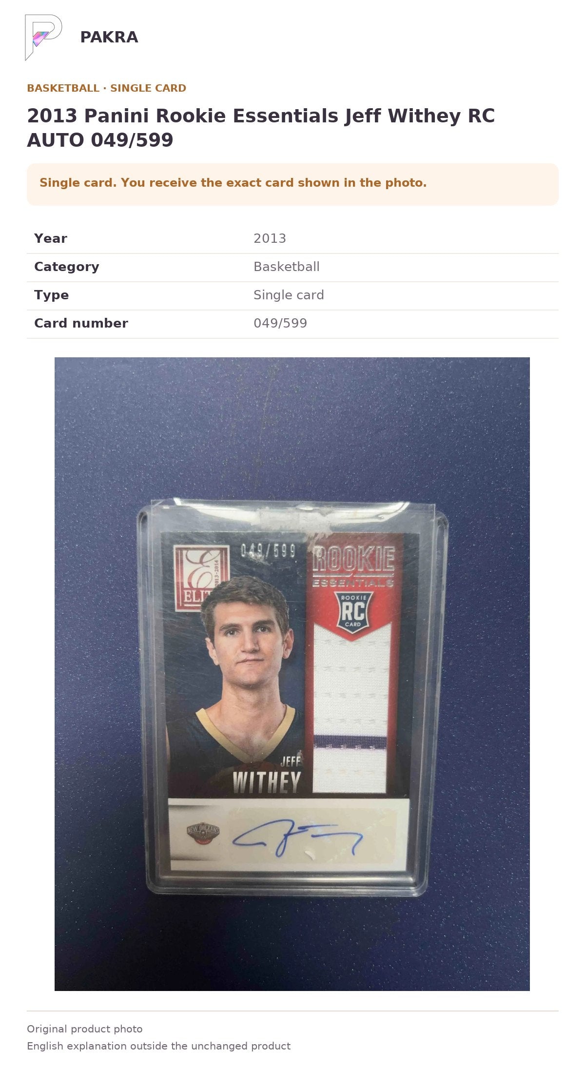 Item details and original photo for 2013 Panini Rookie Essentials Jeff Withey RC AUTO 049/599.