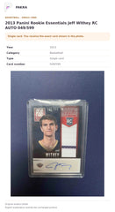 Item details and original photo for 2013 Panini Rookie Essentials Jeff Withey RC AUTO 049/599.