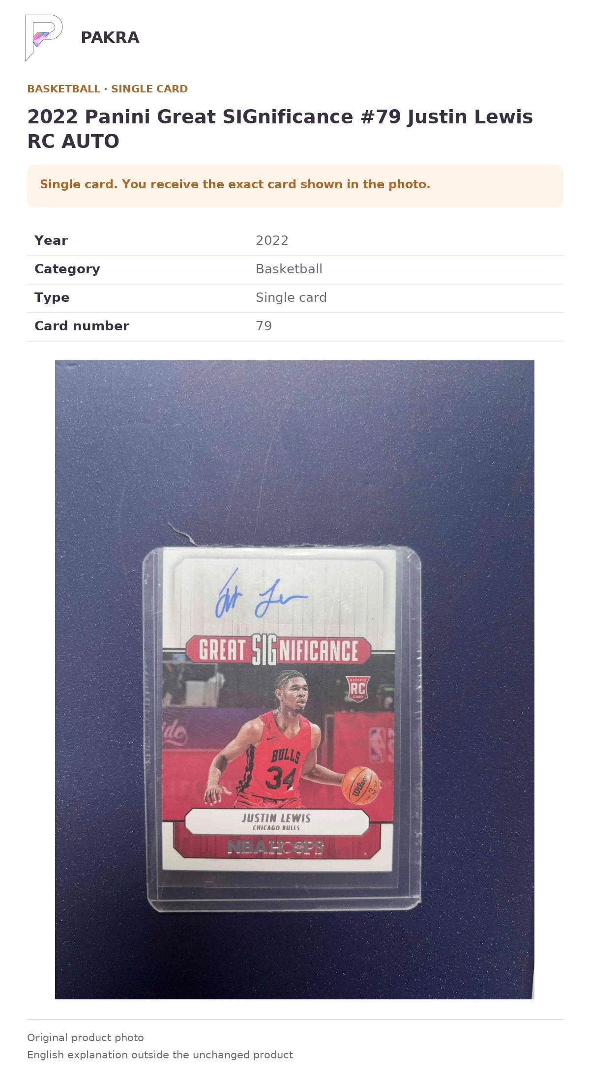 Item details and original photo for 2022 Panini Great SIGnificance #79 Justin Lewis RC AUTO.