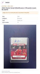 Item details and original photo for 2022 Panini Great SIGnificance #79 Justin Lewis RC AUTO.