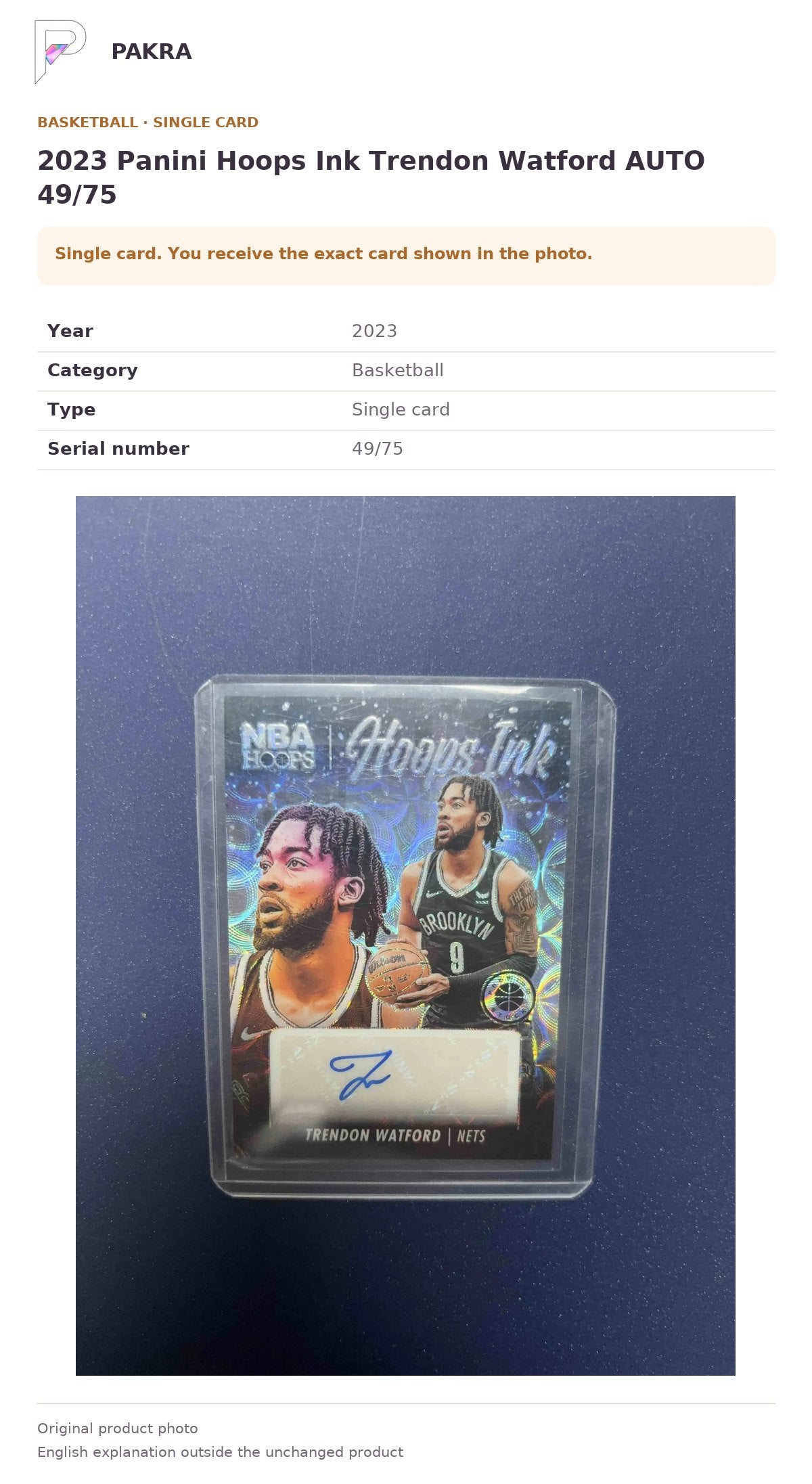 Item details and original photo for 2023 Panini Hoops Ink Trendon Watford AUTO 49/75.