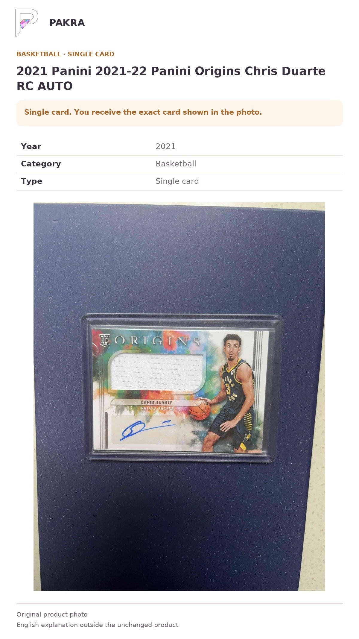 Item details and original photo for 2021 Panini 2021-22 Panini Origins Chris Duarte RC AUTO.