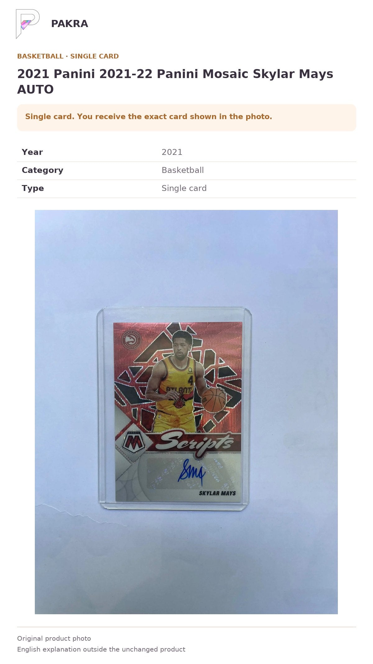 Item details and original photo for 2021 Panini 2021-22 Panini Mosaic Skylar Mays AUTO.