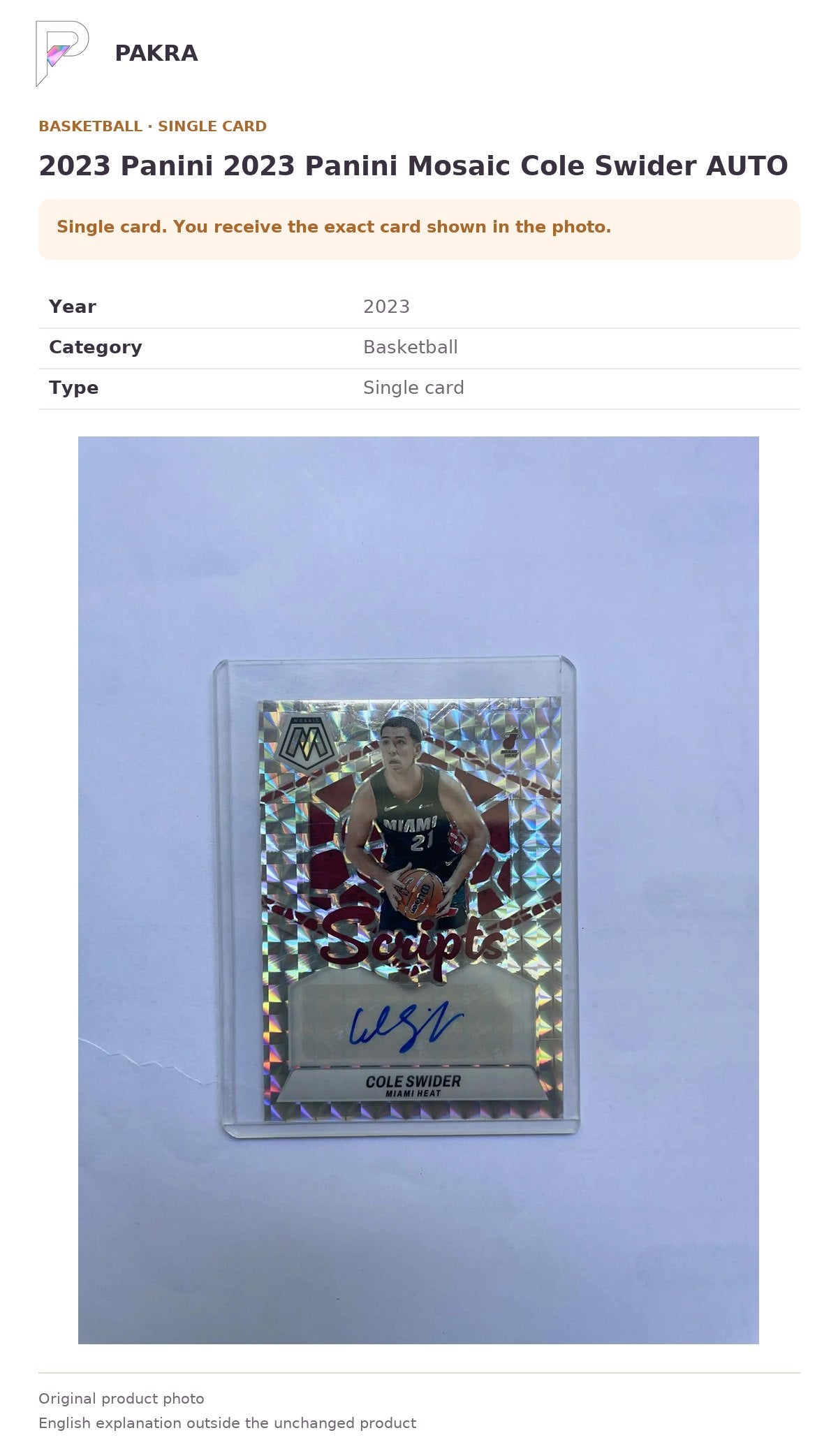 Item details and original photo for 2023 Panini 2023 Panini Mosaic Cole Swider AUTO.
