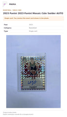 Item details and original photo for 2023 Panini 2023 Panini Mosaic Cole Swider AUTO.