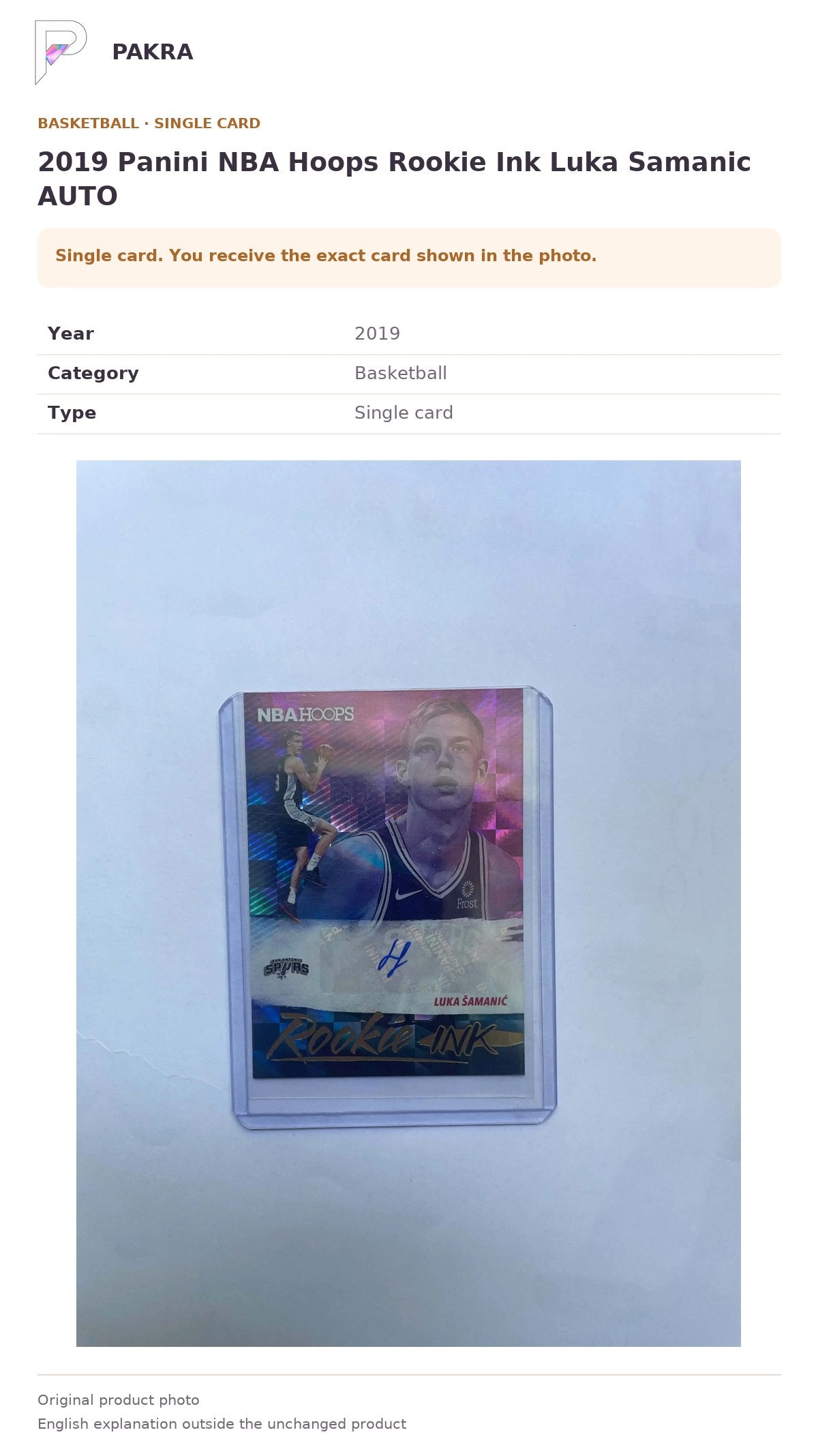 Item details and original photo for 2019 Panini NBA Hoops Rookie Ink Luka Samanic AUTO.