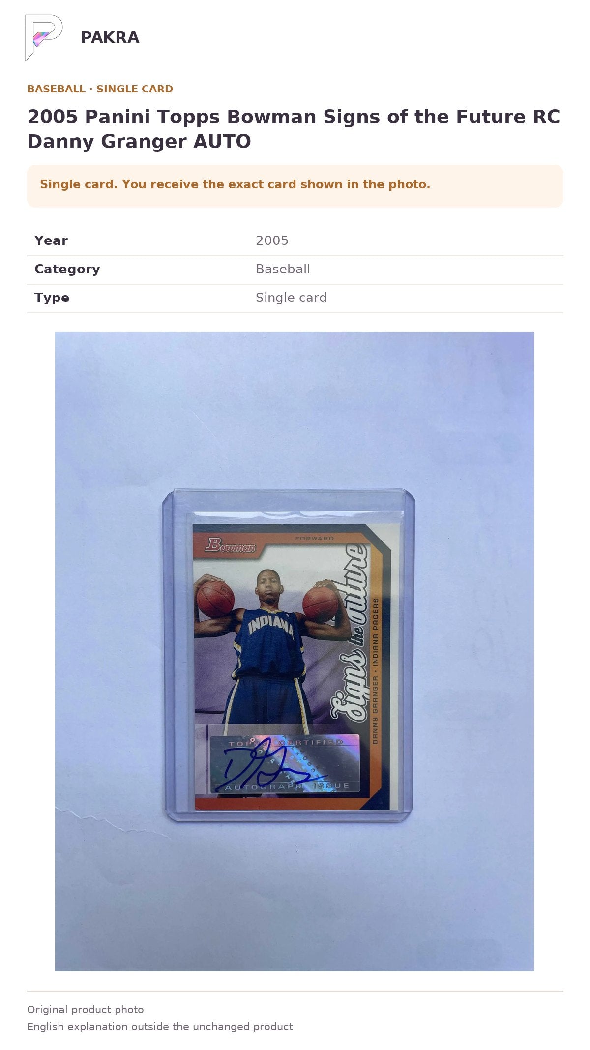 Item details and original photo for 2005 Panini Topps Bowman Signs of the Future RC Danny Granger AUTO.