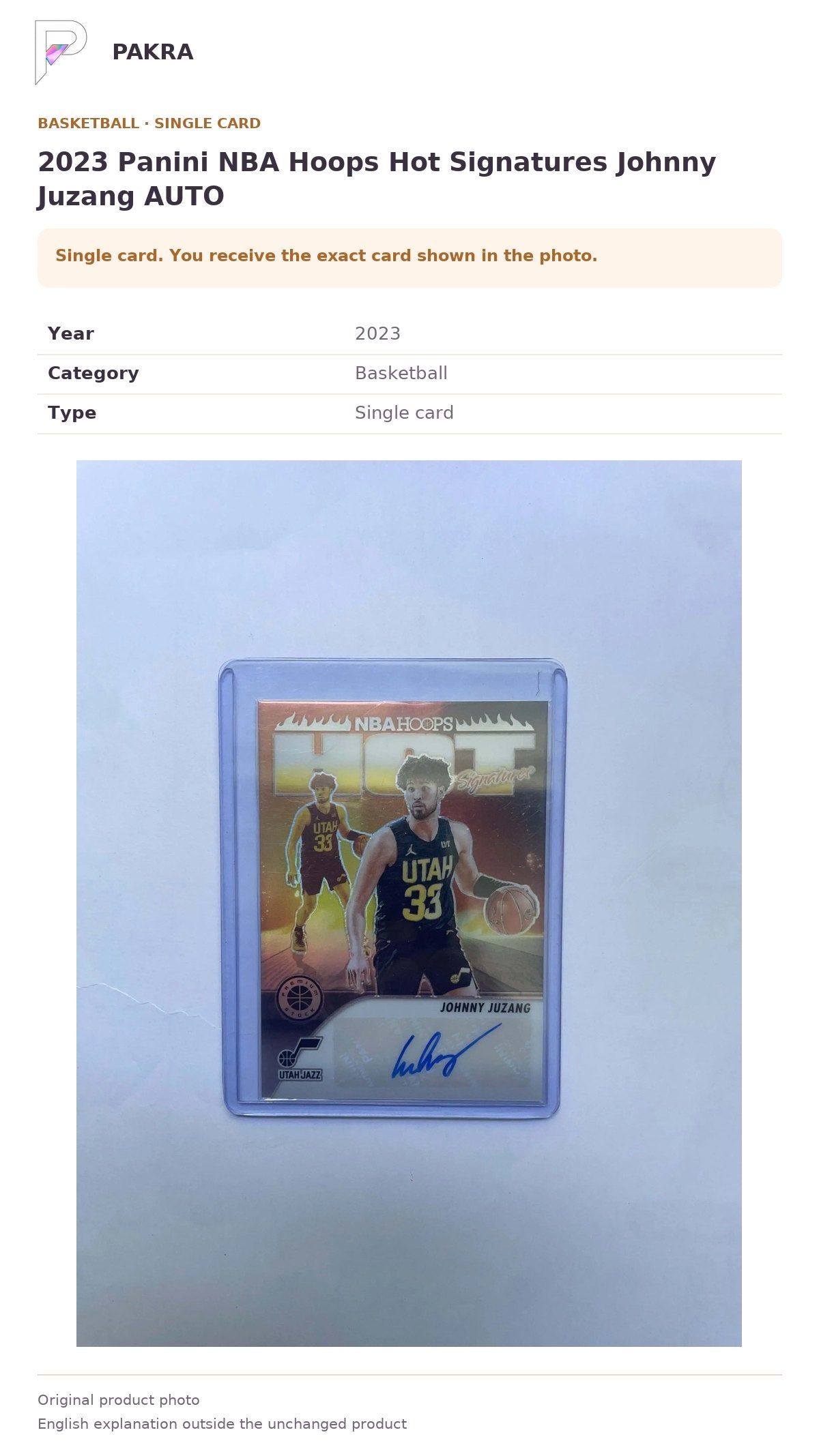 Item details and original photo for 2023 Panini NBA Hoops Hot Signatures Johnny Juzang AUTO.