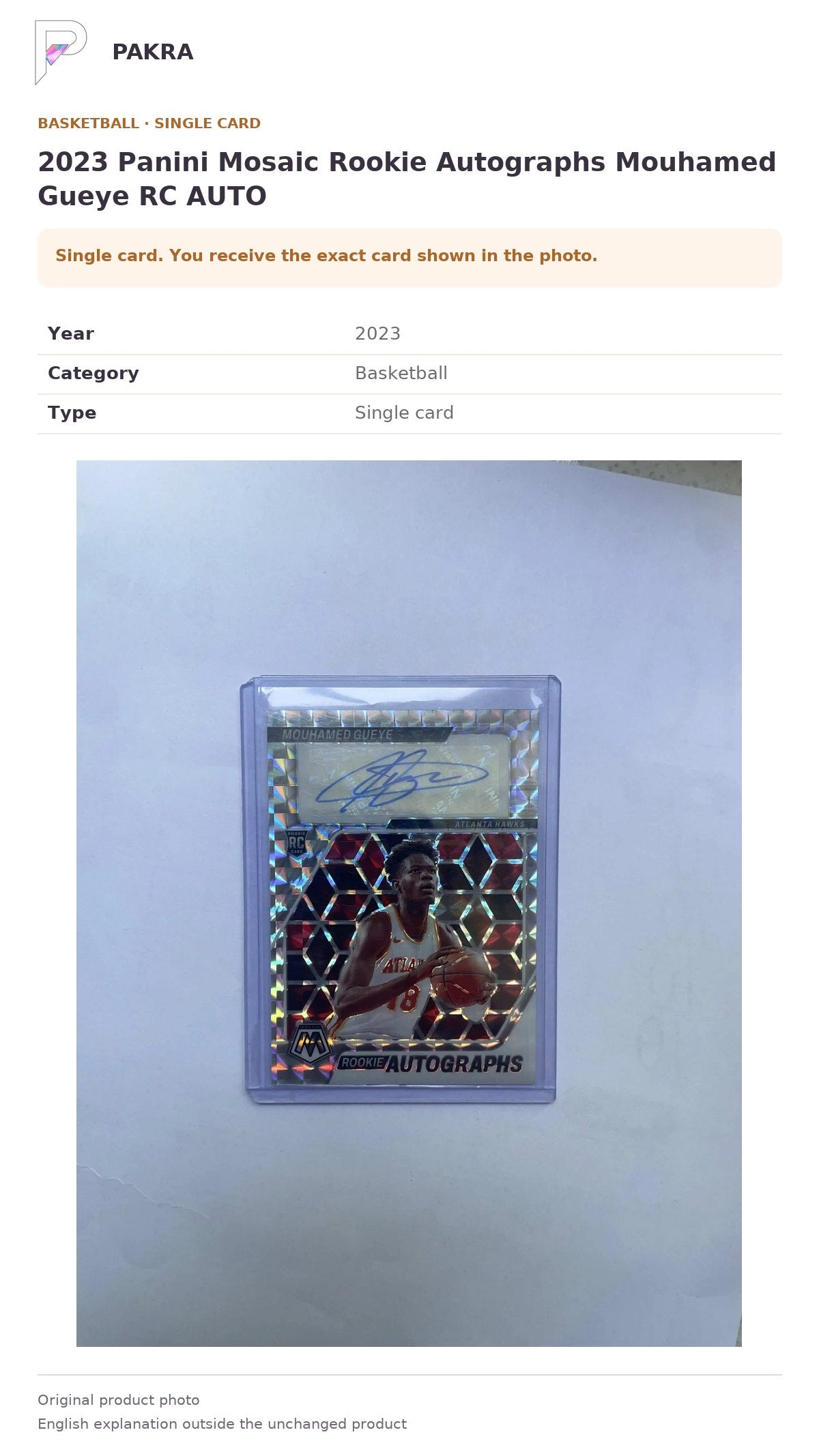 Item details and original photo for 2023 Panini Mosaic Rookie Autographs Mouhamed Gueye RC AUTO.