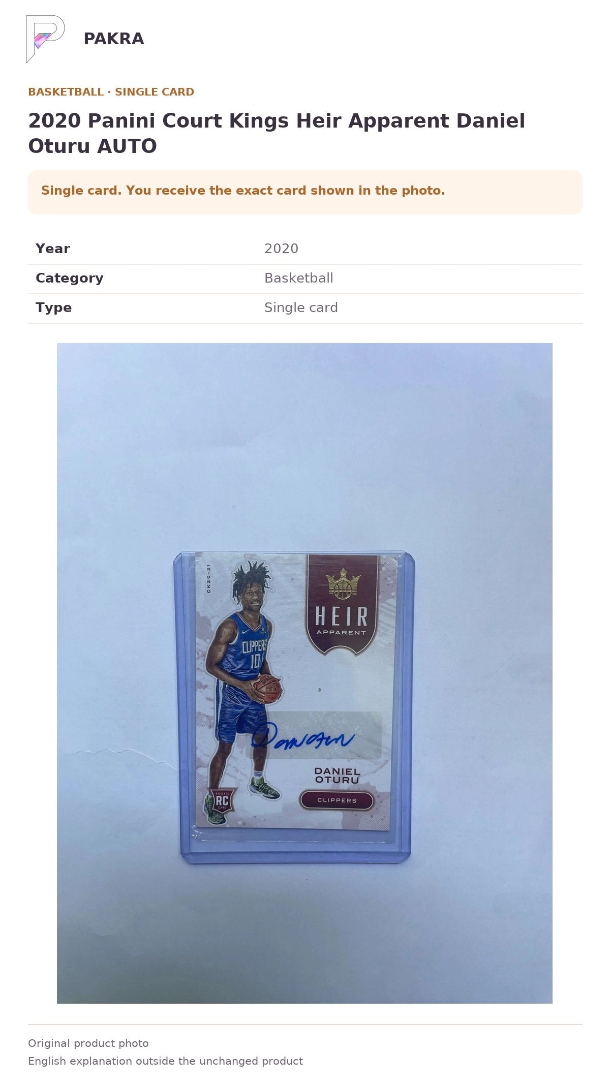 Item details and original photo for 2020 Panini Court Kings Heir Apparent Daniel Oturu AUTO.