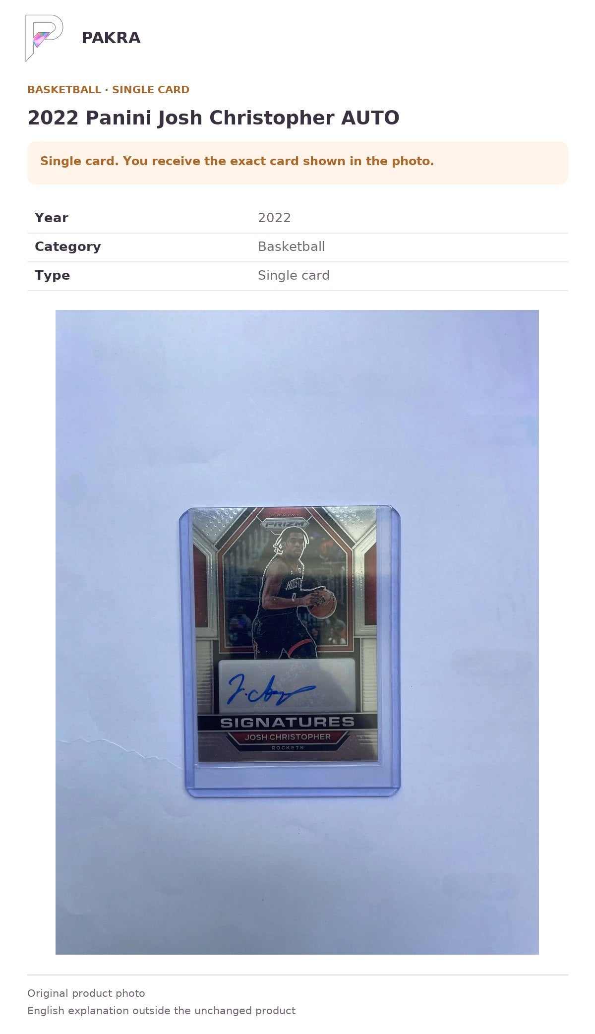 Item details and original photo for 2022 Panini Josh Christopher AUTO.