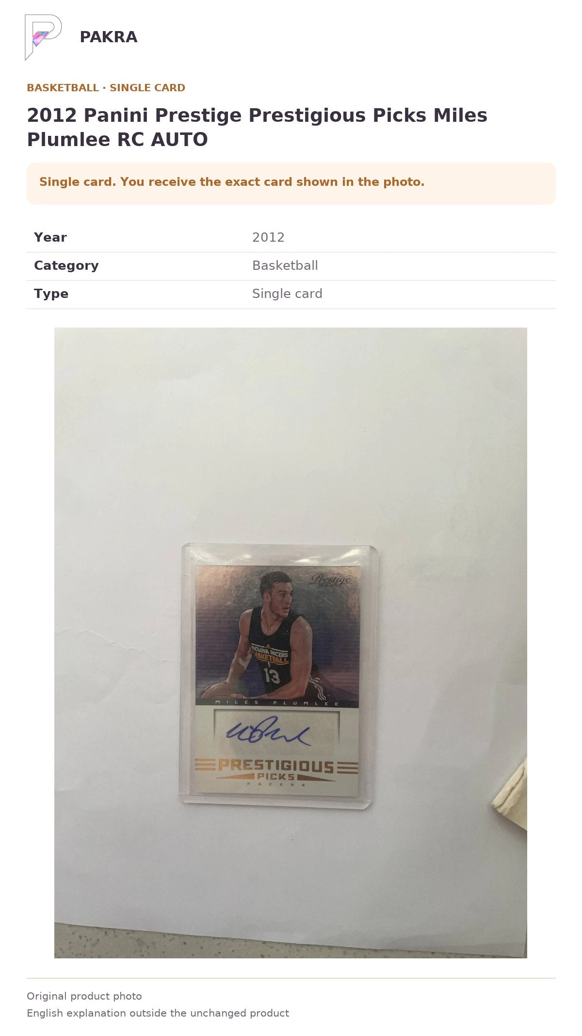 Item details and original photo for 2012 Panini Prestige Prestigious Picks Miles Plumlee RC AUTO.