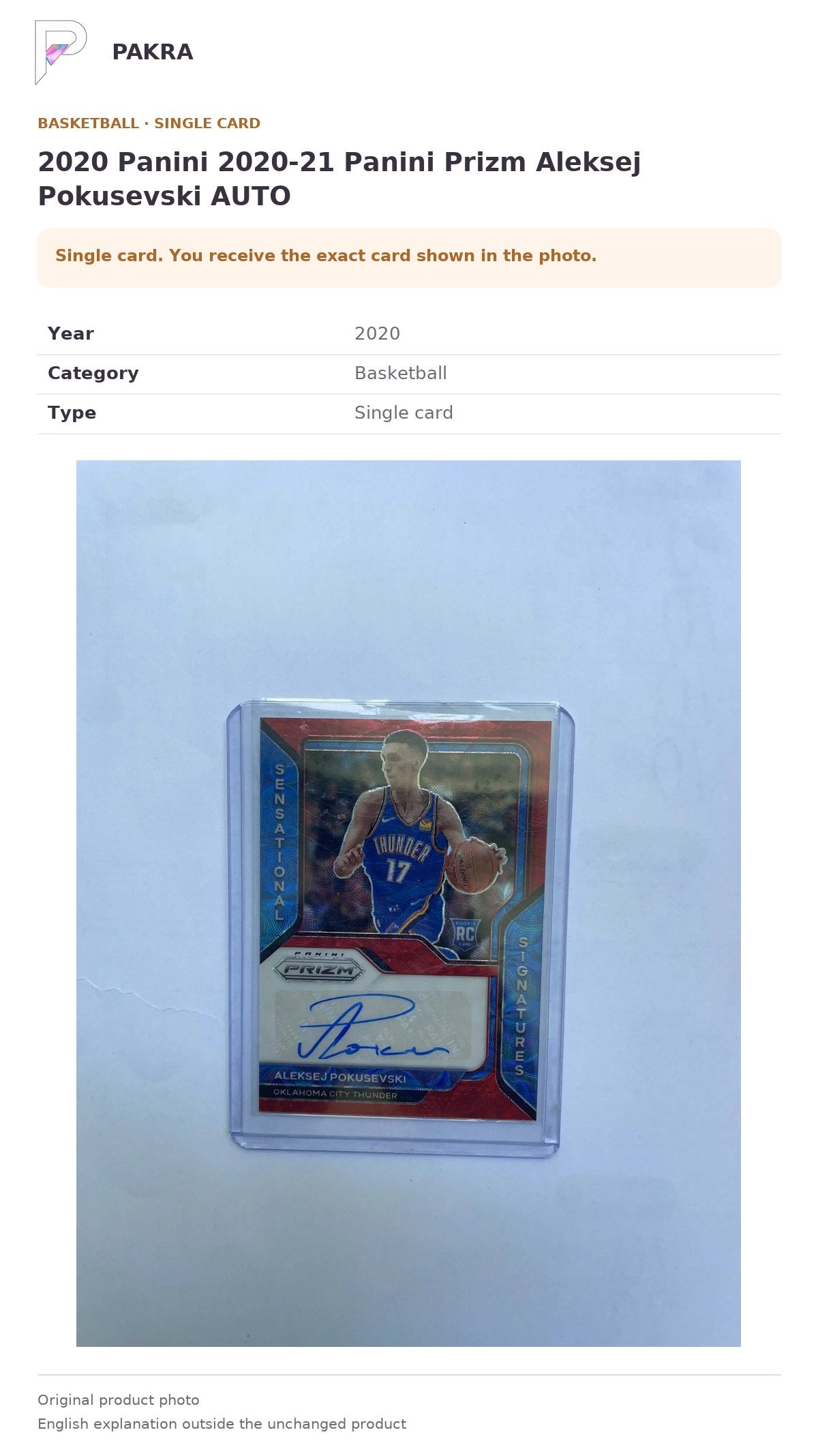 Item details and original photo for 2020 Panini 2020-21 Panini Prizm Aleksej Pokusevski AUTO.
