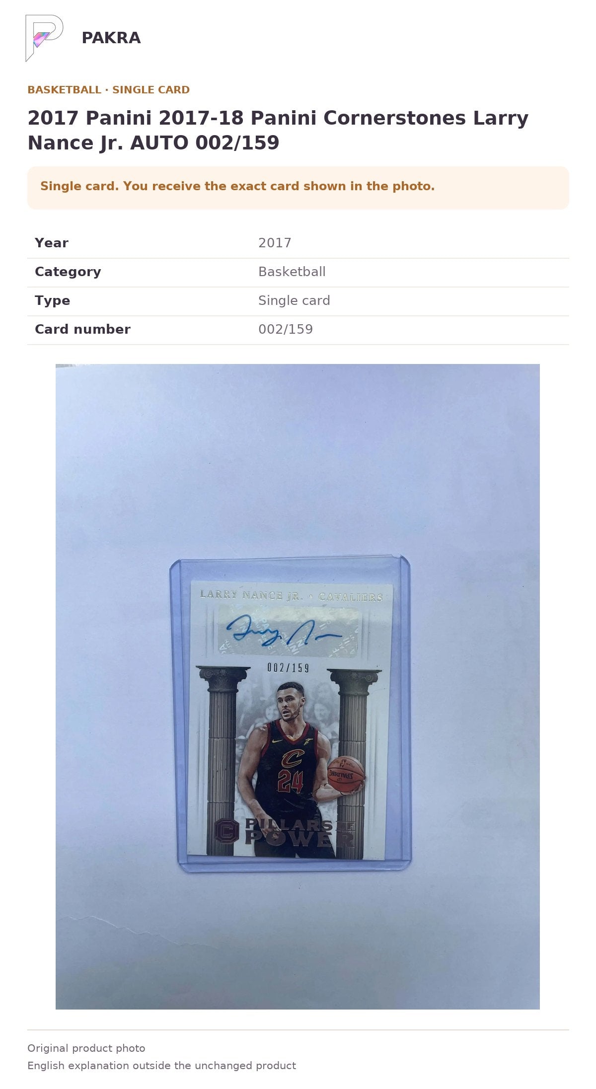 Item details and original photo for 2017 Panini 2017-18 Panini Cornerstones Larry Nance Jr. AUTO 002/159.