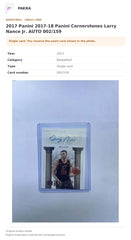 Item details and original photo for 2017 Panini 2017-18 Panini Cornerstones Larry Nance Jr. AUTO 002/159.