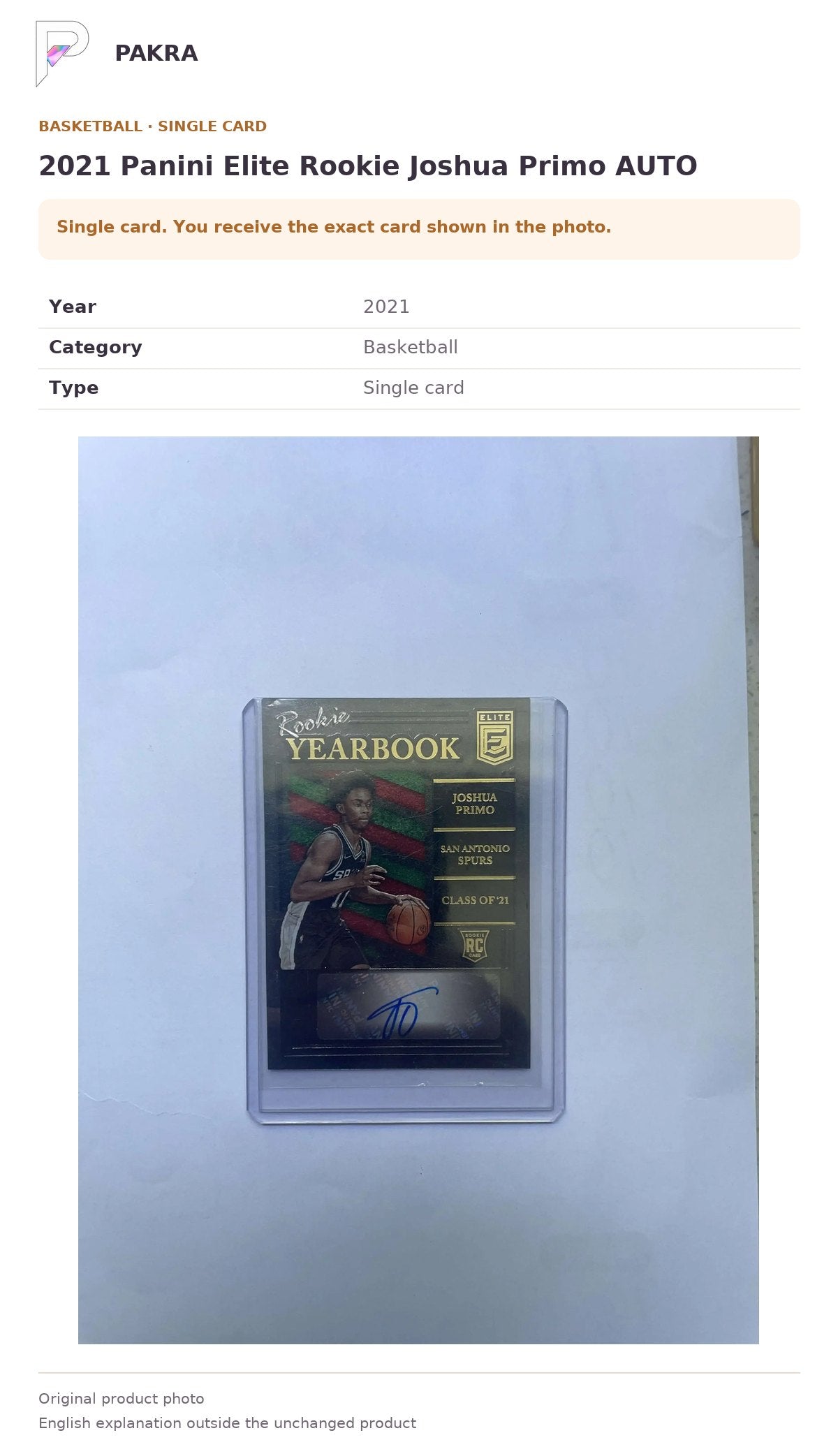 Item details and original photo for 2021 Panini Elite Rookie Joshua Primo AUTO.