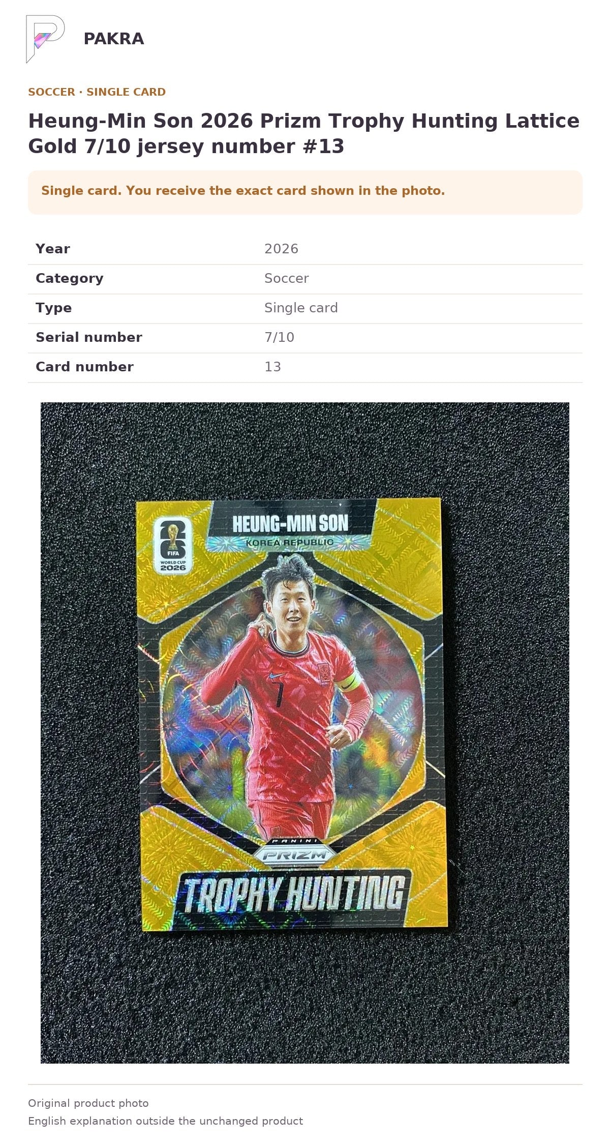 Item details and original photo for Heung-Min Son 2026 Prizm Trophy Hunting Lattice Gold 7/10 jersey number #13.