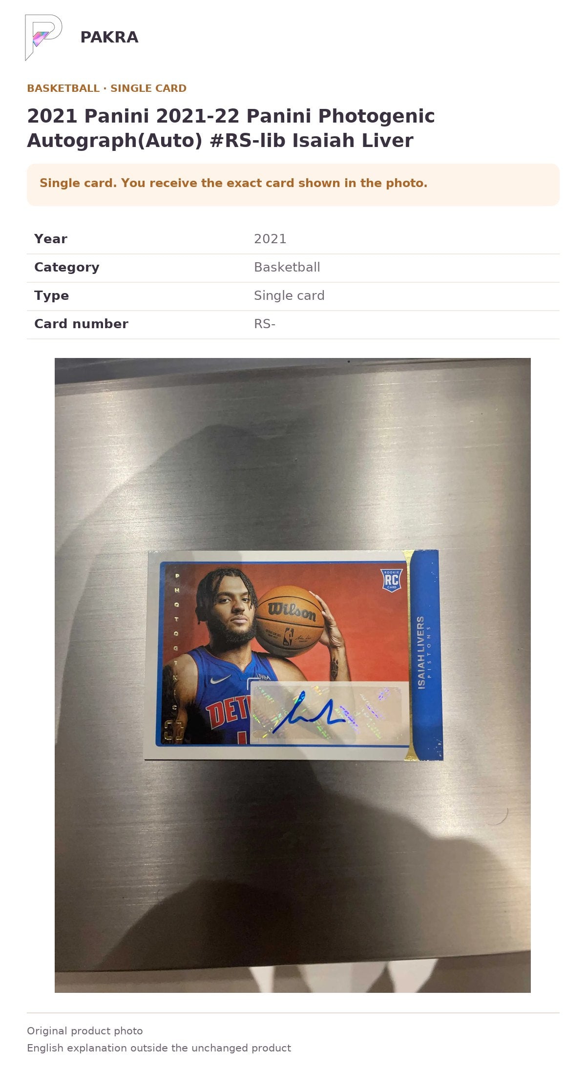 Item details and original photo for 2021 Panini 2021-22 Panini Photogenic Autograph(Auto) #RS-lib Isaiah Liver.