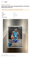 Item details and original photo for 2019 Panini Don Russ Autograph(Auto) #247 Jalen McDaniels AUTO 0/1.