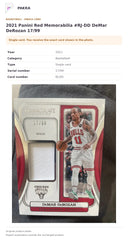 Item details and original photo for 2021 Panini Red Memorabilia #RJ-DD DeMar DeRozan 17/99.