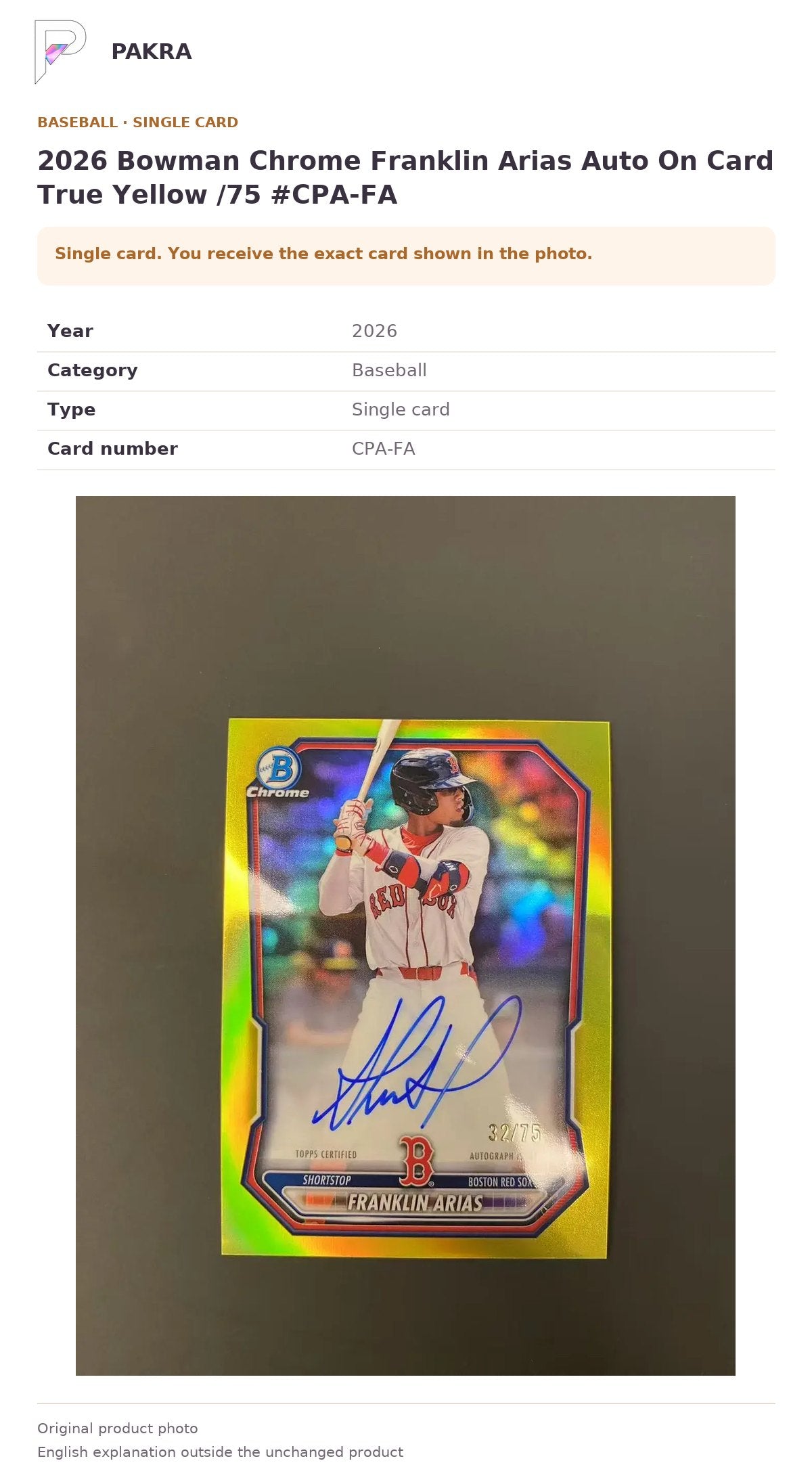 Item details and original photo for 2026 Bowman Chrome Franklin Arias Auto On Card True Yellow /75 #CPA-FA.