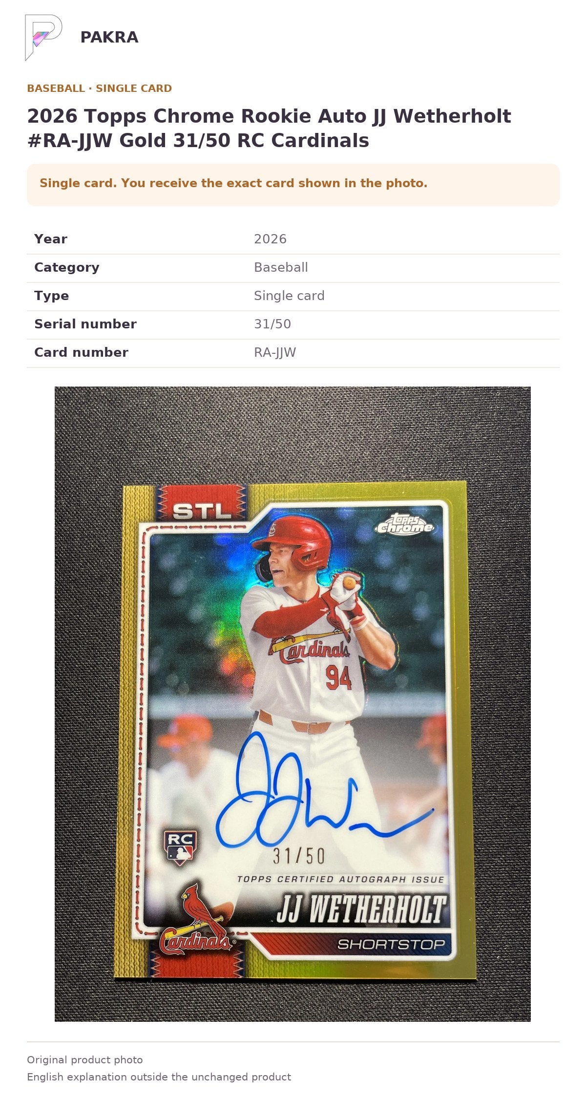 Item details and original photo for 2026 Topps Chrome Rookie Auto JJ Wetherholt #RA-JJW Gold 31/50 RC Cardinals.