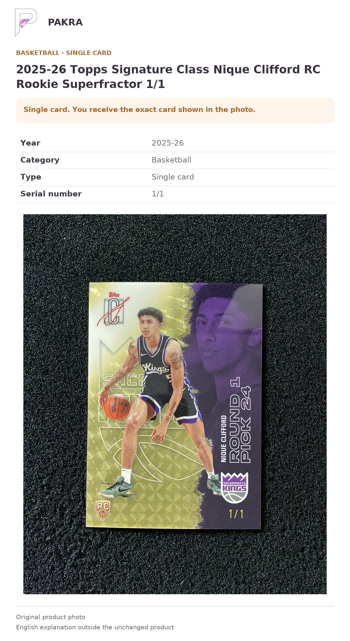 Item details and original photo for 2025-26 Topps Signature Class Nique Clifford RC Rookie Superfractor 1/1.