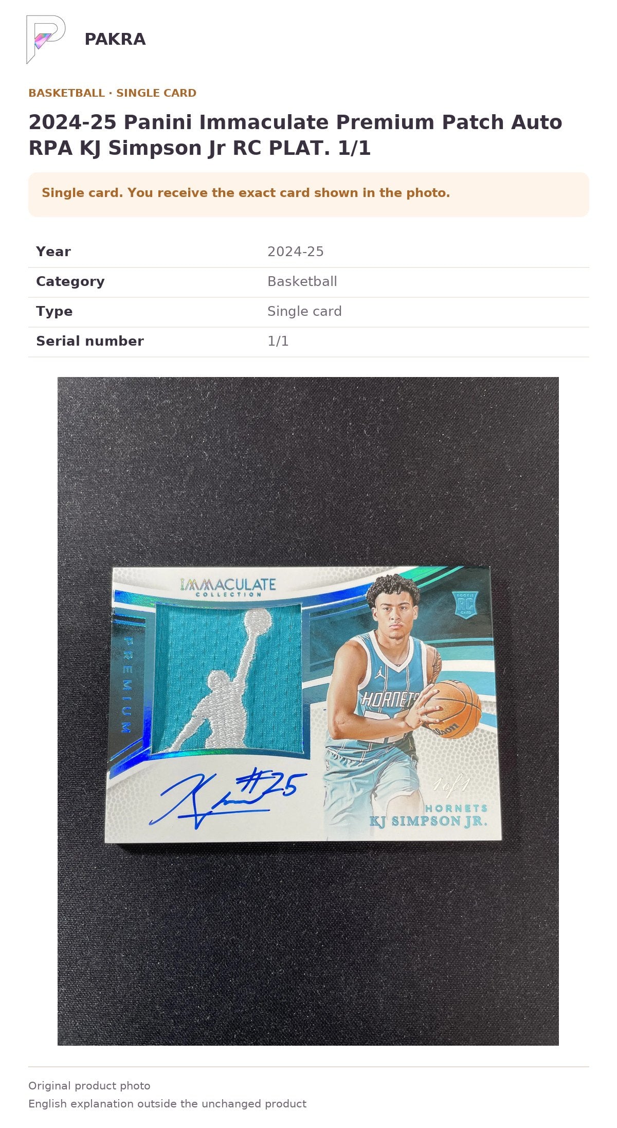 Item details and original photo for 2024-25 Panini Immaculate Premium Patch Auto RPA KJ Simpson Jr RC PLAT. 1/1.
