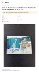 Item details and original photo for 2024-25 Panini Immaculate Premium Patch Auto RPA KJ Simpson Jr RC PLAT. 1/1.