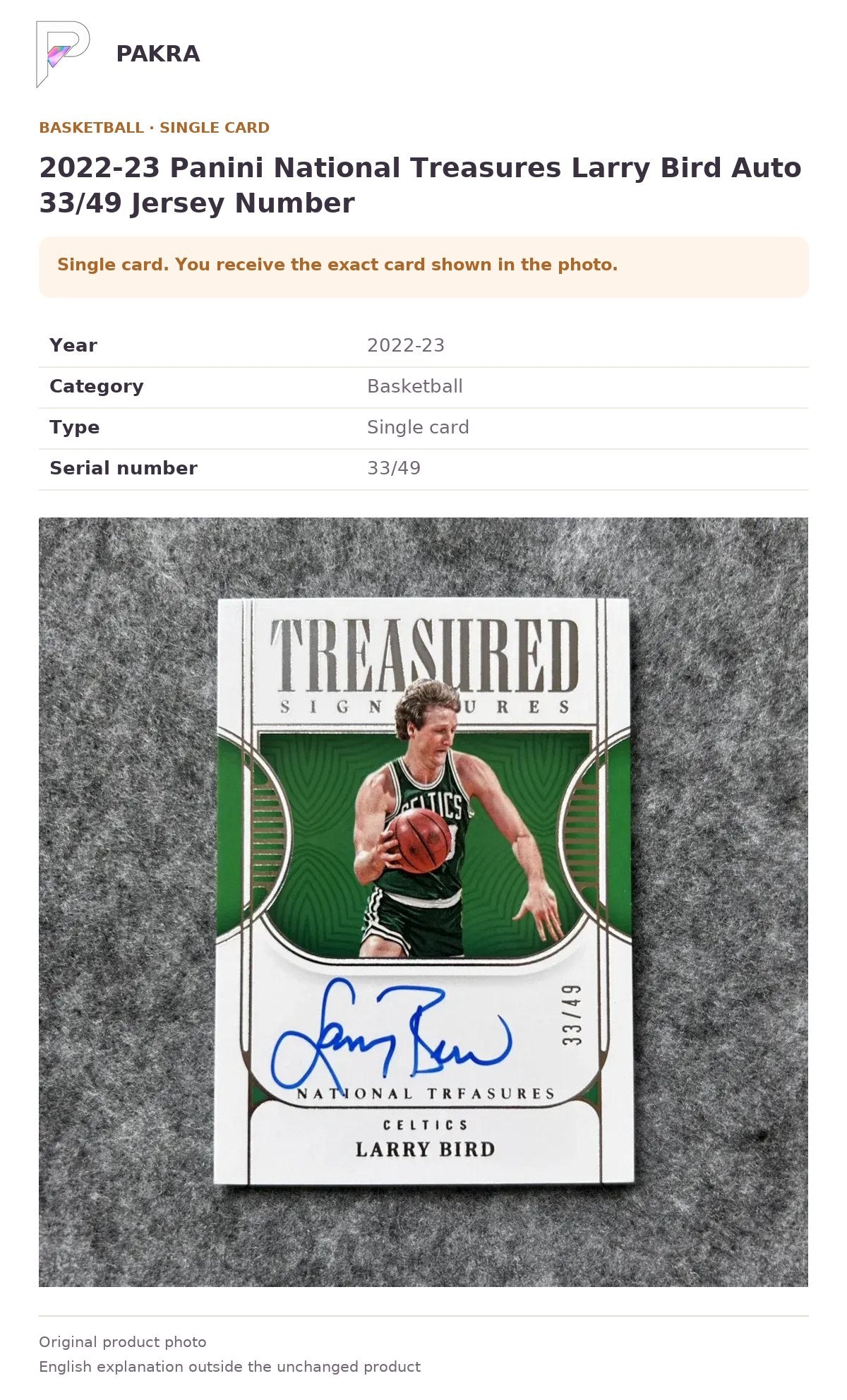 Item details and original photo for 2022-23 Panini National Treasures Larry Bird Auto 33/49 Jersey Number.