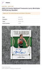 Item details and original photo for 2022-23 Panini National Treasures Larry Bird Auto 33/49 Jersey Number.