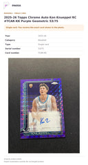 Item details and original photo for 2025-26 Topps Chrome Auto Kon Knueppel RC #TCAR-KK Purple Geometric 53/75.