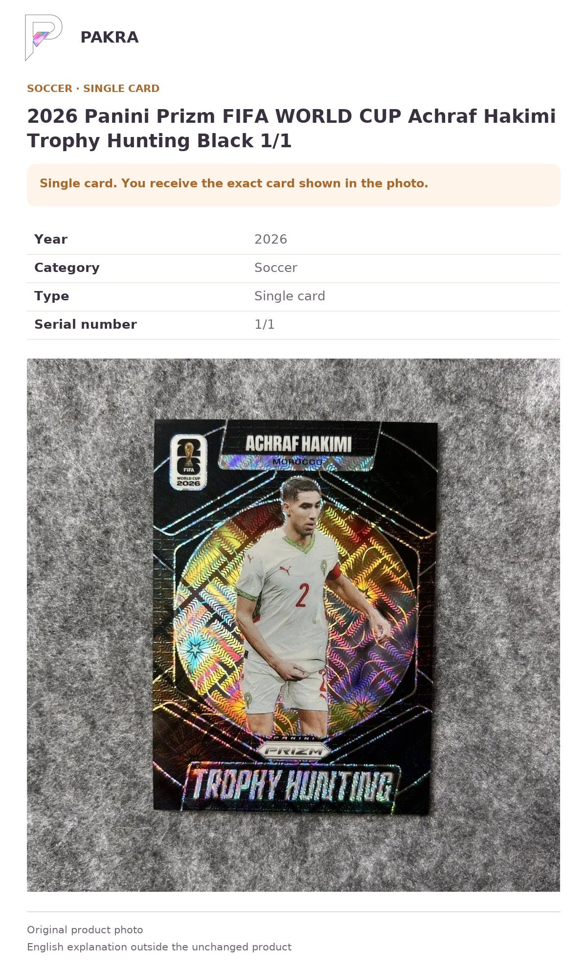 Item details and original photo for 2026 Panini Prizm FIFA WORLD CUP Achraf Hakimi Trophy Hunting Black 1/1.