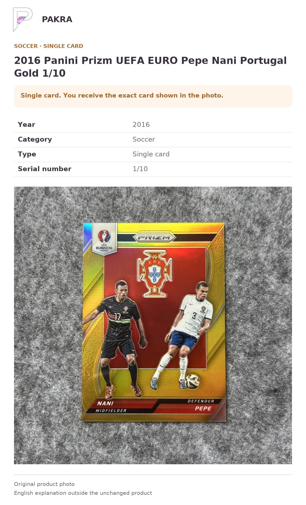Item details and original photo for 2016 Panini Prizm UEFA EURO Pepe Nani Portugal Gold 1/10.