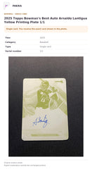 Item details and original photo for 2025 Topps Bowman's Best Auto Arnaldo Lantigua Yellow Printing Plate 1/1.
