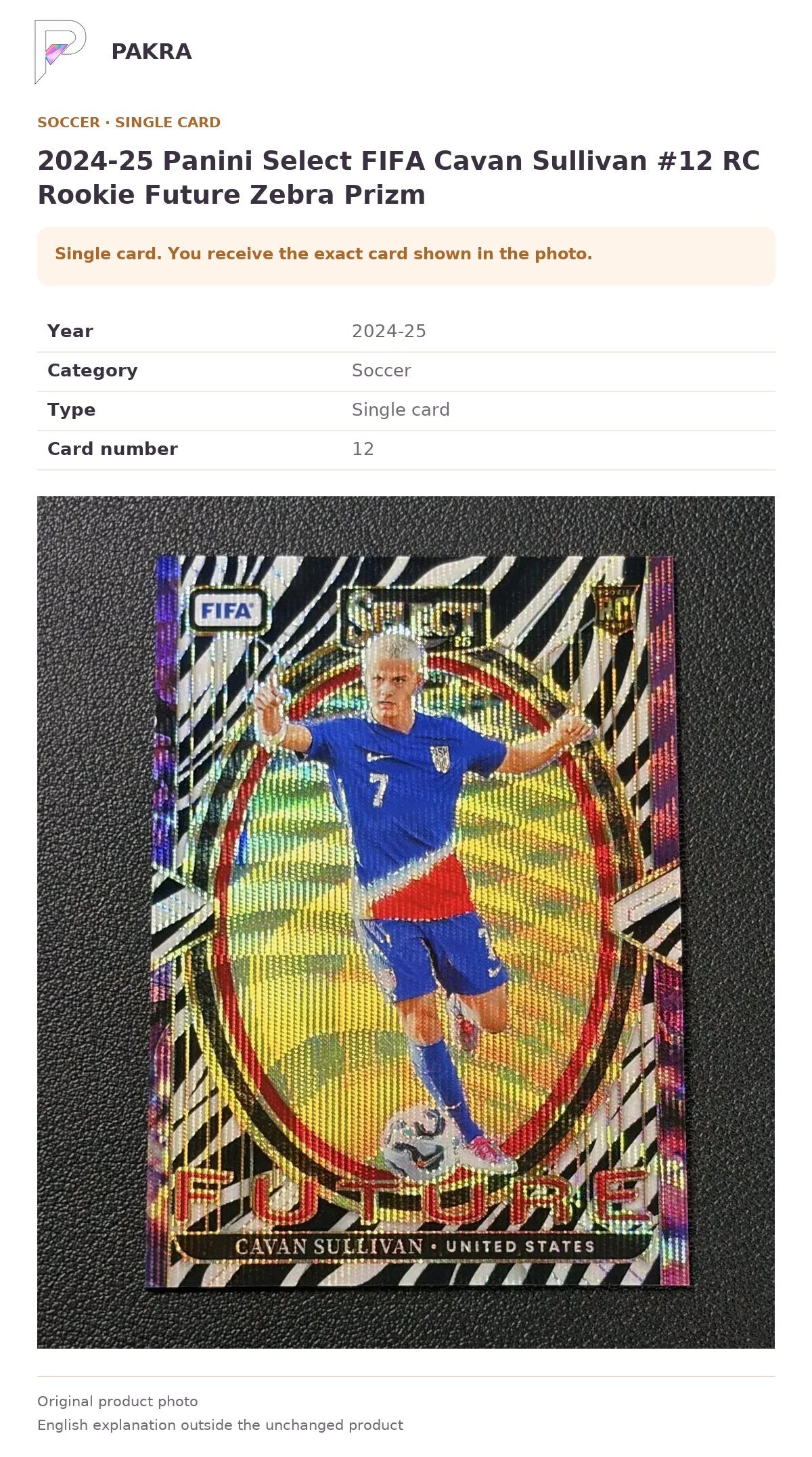Item details and original photo for 2024-25 Panini Select FIFA Cavan Sullivan #12 RC Rookie Future Zebra Prizm.