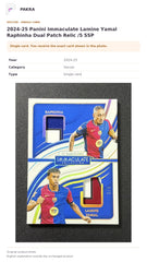 Item details and original photo for 2024-25 Panini Immaculate Lamine Yamal Raphinha Dual Patch Relic /5 SSP.