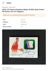 Item details and original photo for 2012-13 Panini Flawless Blake Griffin Auto Patch PA Green 3/5 #3 Clippers.