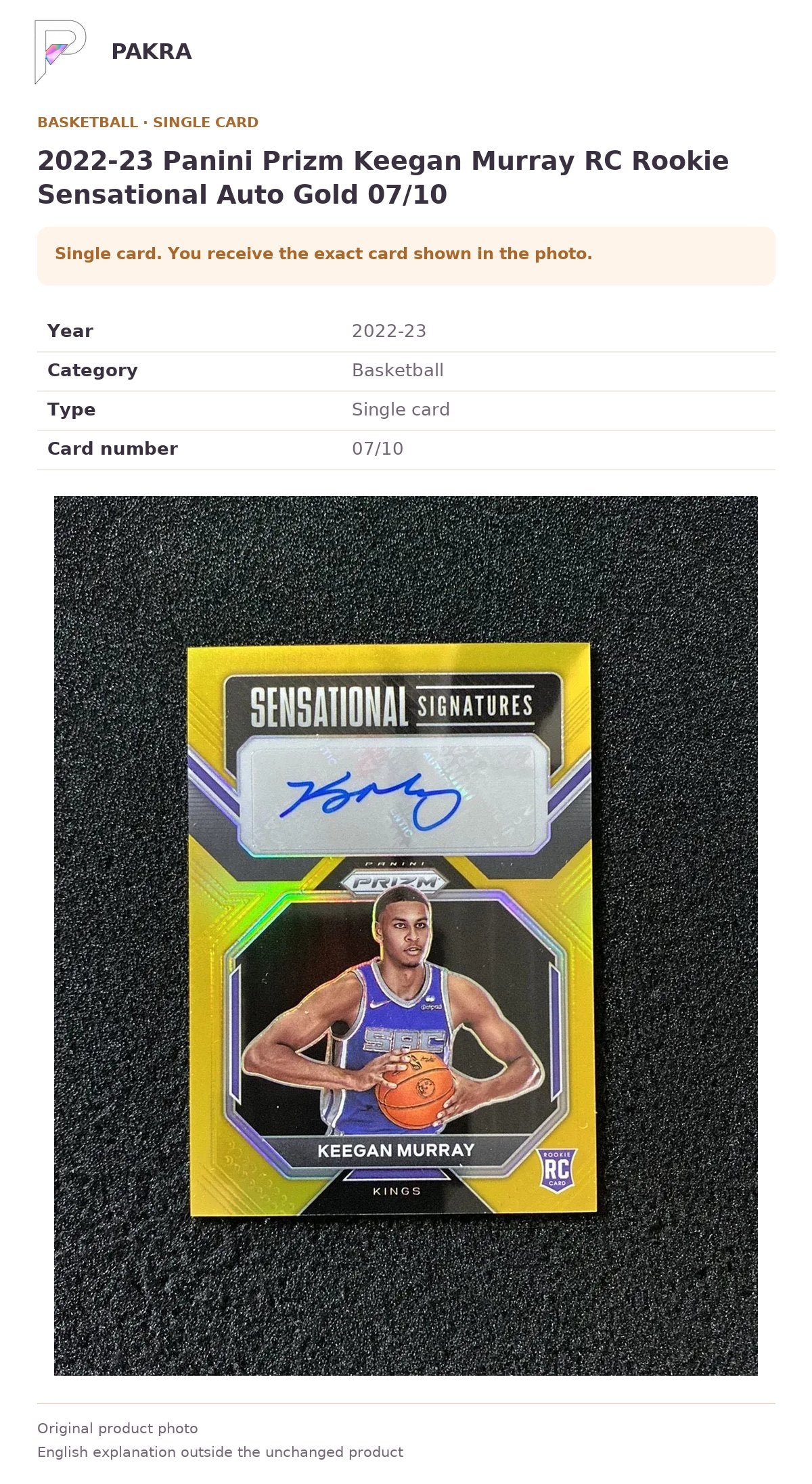 Item details and original photo for 2022-23 Panini Prizm Keegan Murray RC Rookie Sensational Auto Gold 07/10.