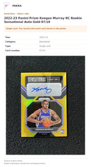 Item details and original photo for 2022-23 Panini Prizm Keegan Murray RC Rookie Sensational Auto Gold 07/10.