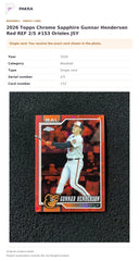 Item details and original photo for 2026 Topps Chrome Sapphire Gunnar Henderson Red REF 2/5 #153 Orioles JSY.
