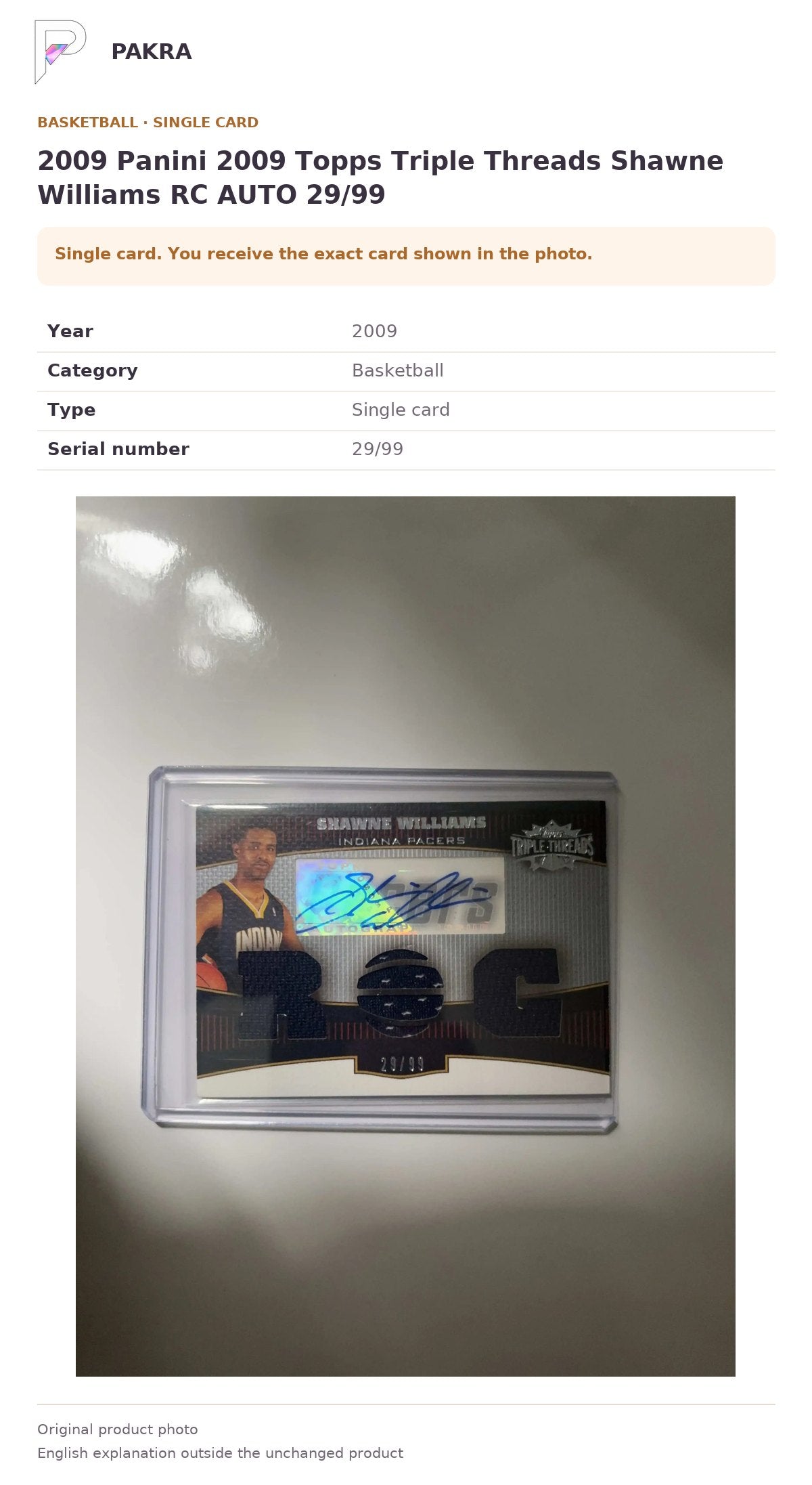 Item details and original photo for 2009 Panini 2009 Topps Triple Threads Shawne Williams RC AUTO 29/99.
