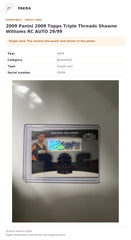 Item details and original photo for 2009 Panini 2009 Topps Triple Threads Shawne Williams RC AUTO 29/99.