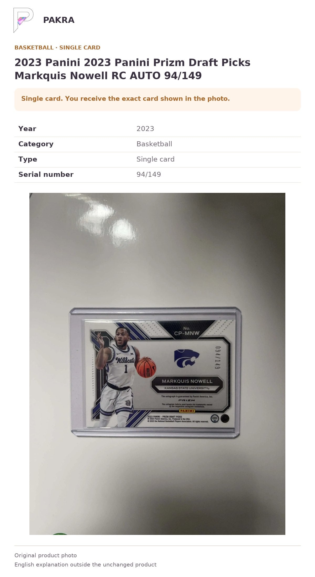 Item details and original photo for 2023 Panini 2023 Panini Prizm Draft Picks Markquis Nowell RC AUTO 94/149.