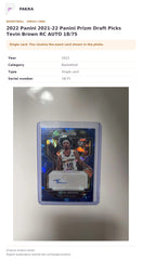 Item details and original photo for 2022 Panini 2021-22 Panini Prizm Draft Picks Tevin Brown RC AUTO 18/75.
