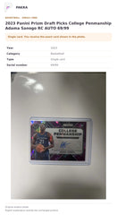 Item details and original photo for 2023 Panini Prizm Draft Picks College Penmanship Adama Sanogo RC AUTO 69/99.