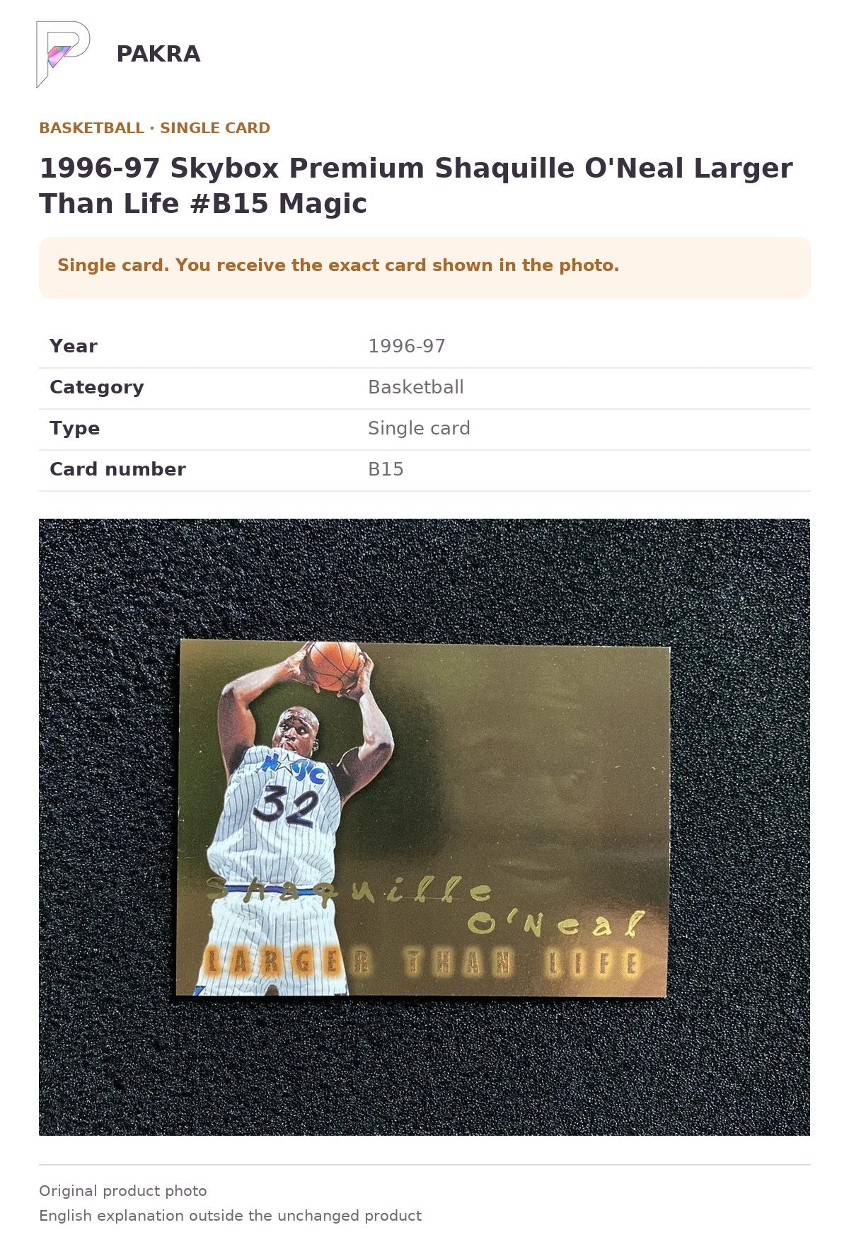 Item details and original photo for 1996-97 Skybox Premium Shaquille O'Neal Larger Than Life #B15 Magic.