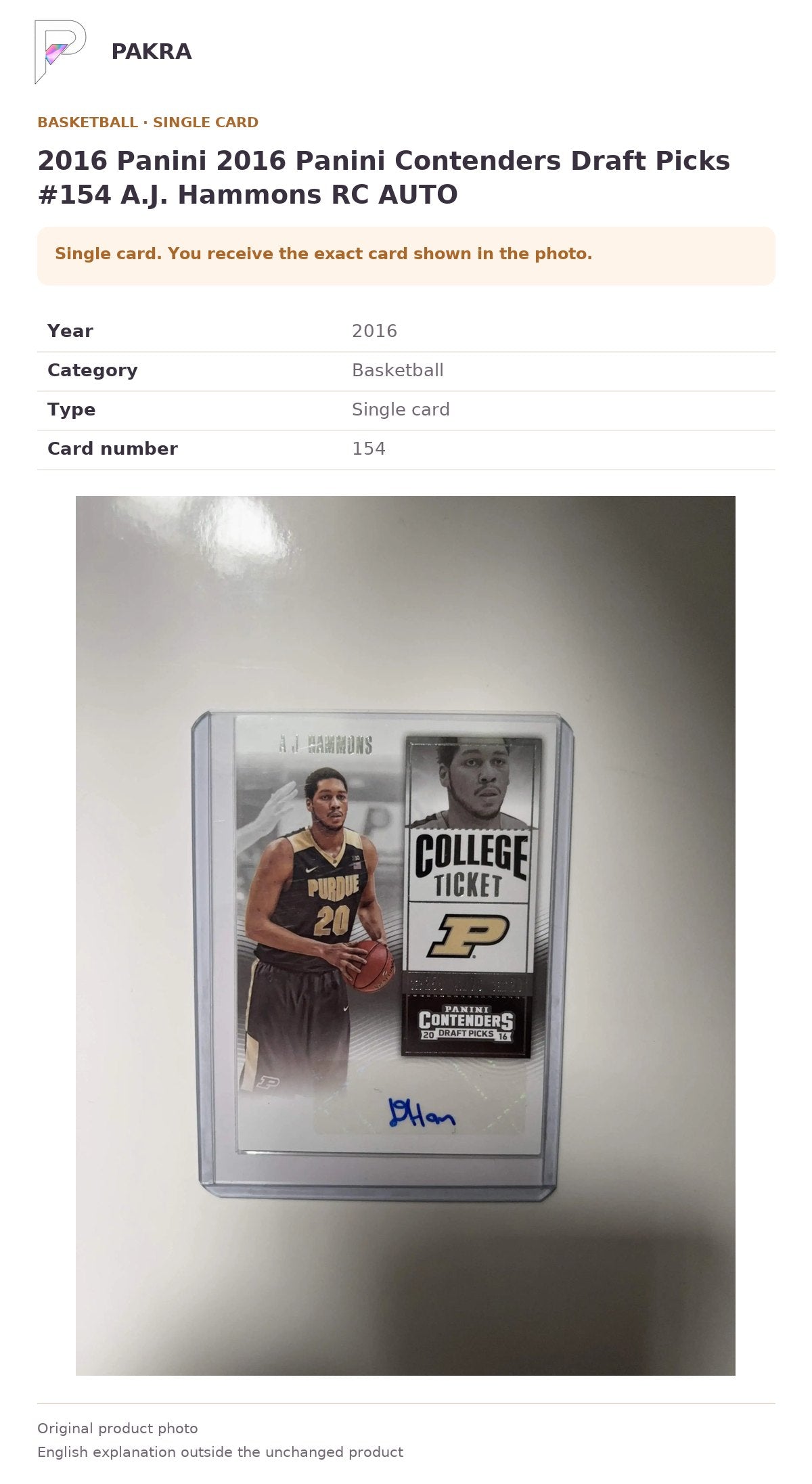 Item details and original photo for 2016 Panini 2016 Panini Contenders Draft Picks #154 A.J. Hammons RC AUTO.